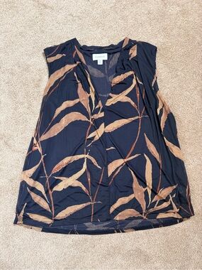 Evereve XL Navy Leaf Print Sleeveless V Neck Blouse Tank Top